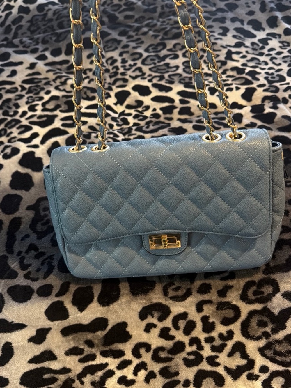 Quilted Light Blue Shoulder Bag with Gold Chain Straps
